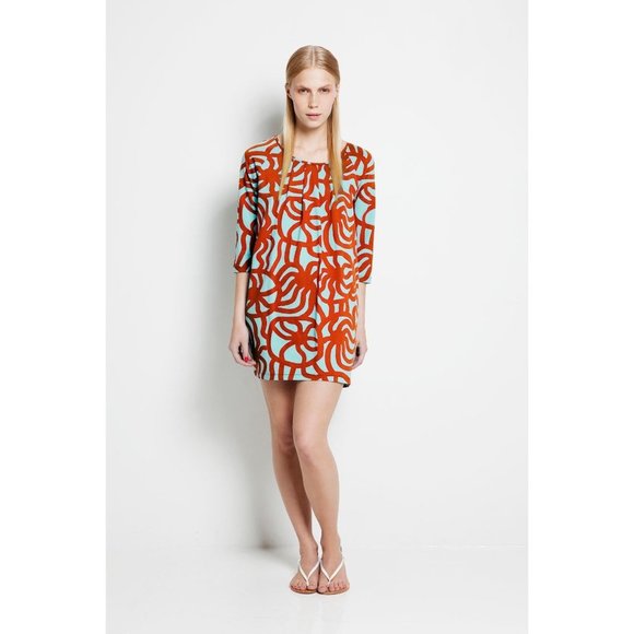 Marimekko Lunni Tunic Mini Dress Red Blue 3/4 Sleeve Gathered Neckline Mod - Picture 1 of 7